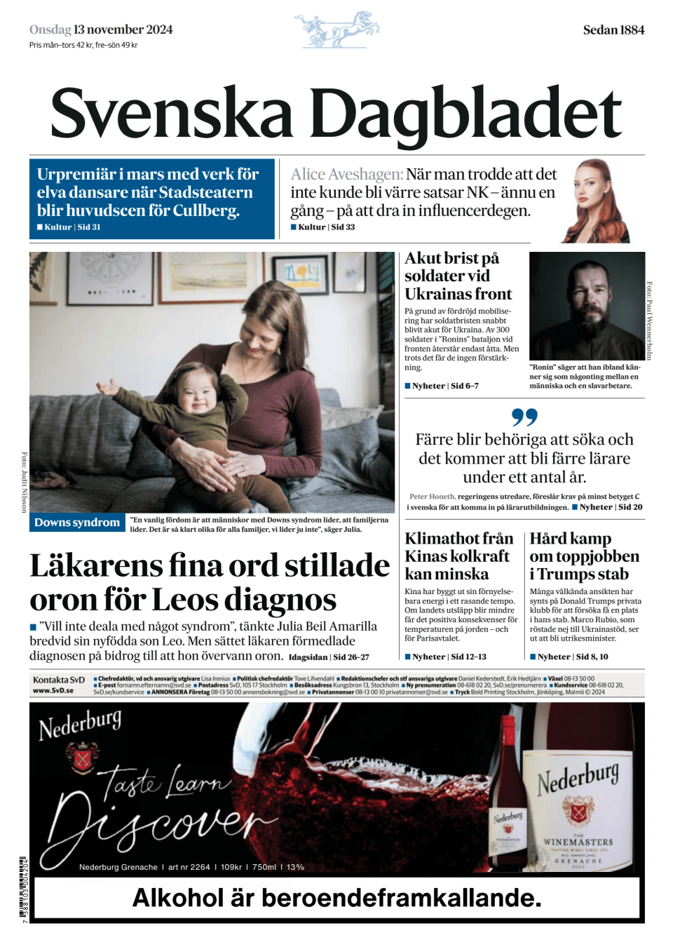 Prima-pagina-Svenska Dagbladet-edizione-di-oggi-20241113